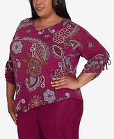 Alfred Dunner Plus Wine Country Floral Paisley Drawstring Sleeves V-Neck Top