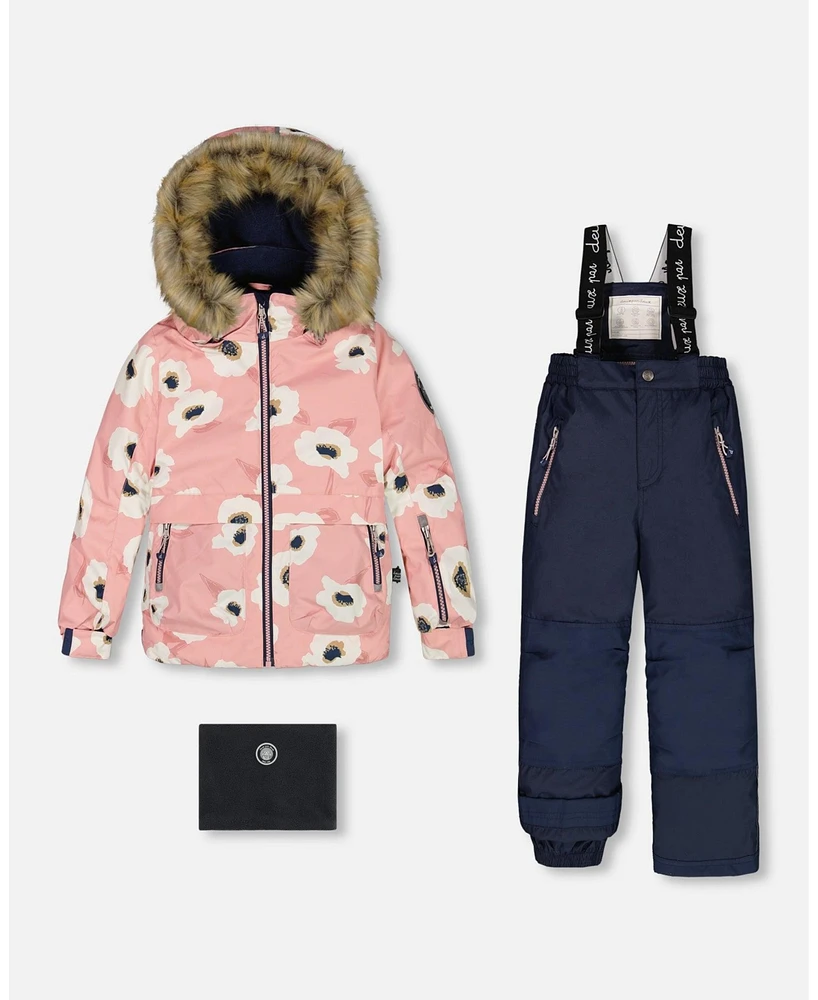 Deux par Toddler Girls Two Piece Snowsuit Pink Printed Off White Flowers And Navy - Toddler|Child