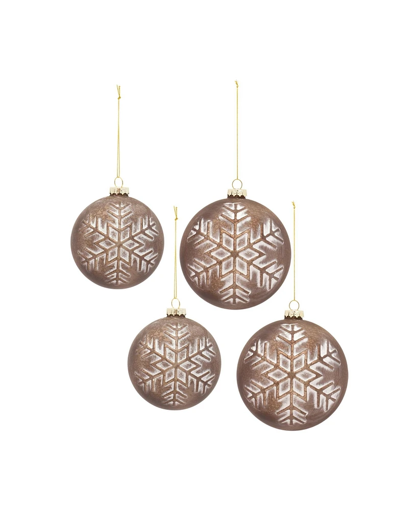 Slickblue Bronze Glass Ball Ornament With Brushed Snowflake Design (Set of 4)