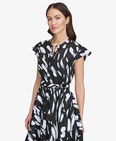 Dkny Women's Printed Tie-Waist Asymmetrical-Hem Linen Dress