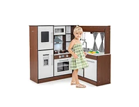 Slickblue Wooden Corner Play Kitchen with Water Circulation System and Lights-Brown