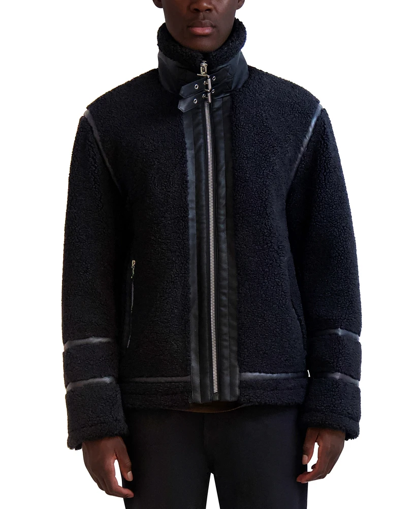 Karl Lagerfeld Men's Fleece Faux-Leather Trim Jacket