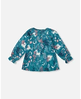 Deux par Big Girls Long Sleeve Viscose Blouse Turquoise Printed Fairy Unicorn