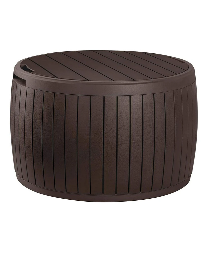 Keter Circa 37gal Round Patio Box Stylish Storage Table and Seating, Brown Resin