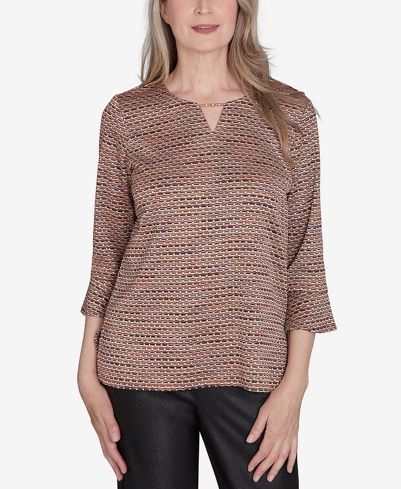 Alfred Dunner Women's Rue Rivoli Beaded Split Neck Space Dye Top