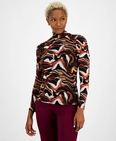 Bar Iii Women's Printed Mock-Neck Long-Sleeve Mesh Top, Created for Macy's