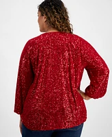 Jm Collection Plus Boat-Neck Gathered Sequin Long-Sleeve Top, Created for Macy's