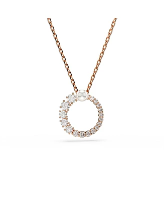 Swarovski Matrix Pendant, Crystal Pearl, Round Cut, White, Rose Gold-Tone Plated Necklace