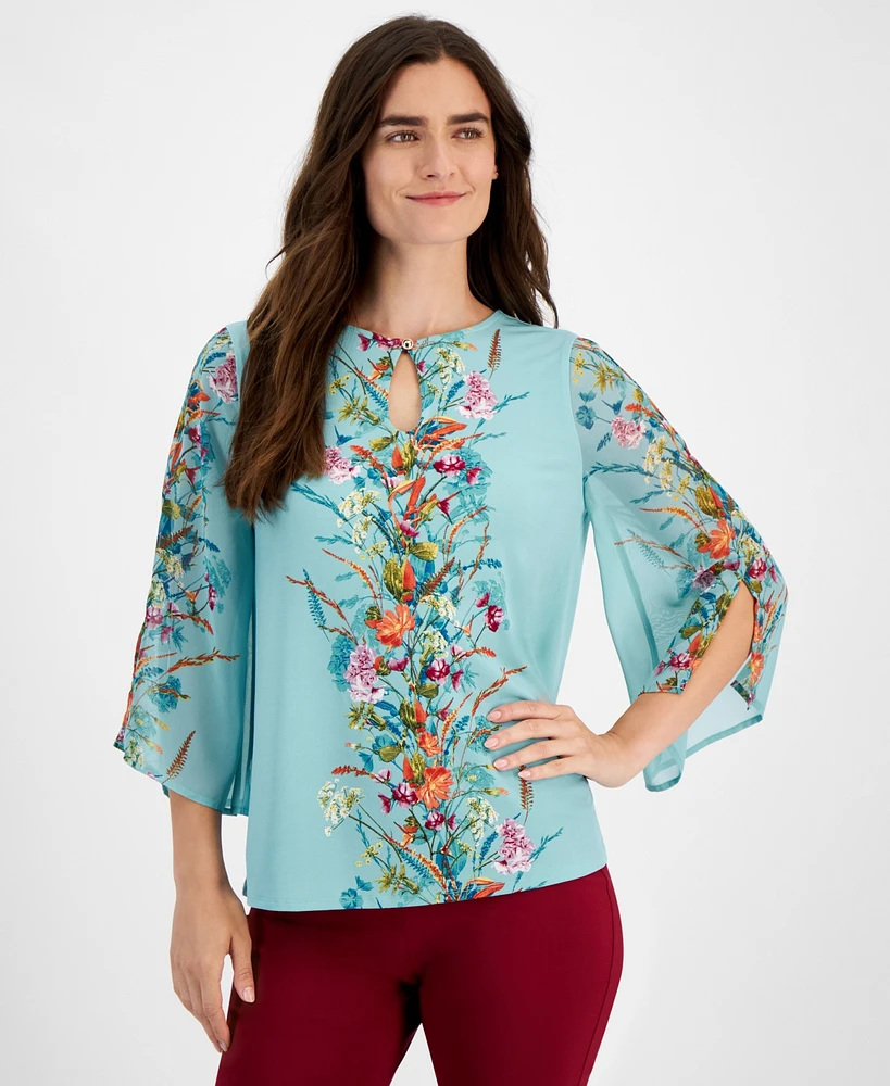 Jm Collection Petite Keyhole-Neck Placement-Print Top, Created for Macy's