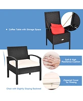 Gymax 3PCS Rattan Patio Conversation Set Outdoor Furniture Set w/ Storage Table