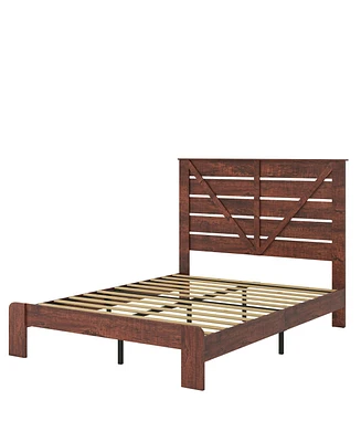 Mondawe Vintage Brown Wood Platform Bed Frame Headboard with Large Under Bed Storage