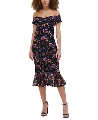 Siena Women's Off-the-Shoulder Printed Floral Lace Midi Dress