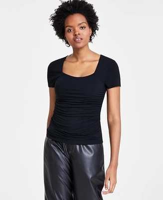 Bar Iii Women's Square-Neck Ruched Short-Sleeve Top, Created for Macy's