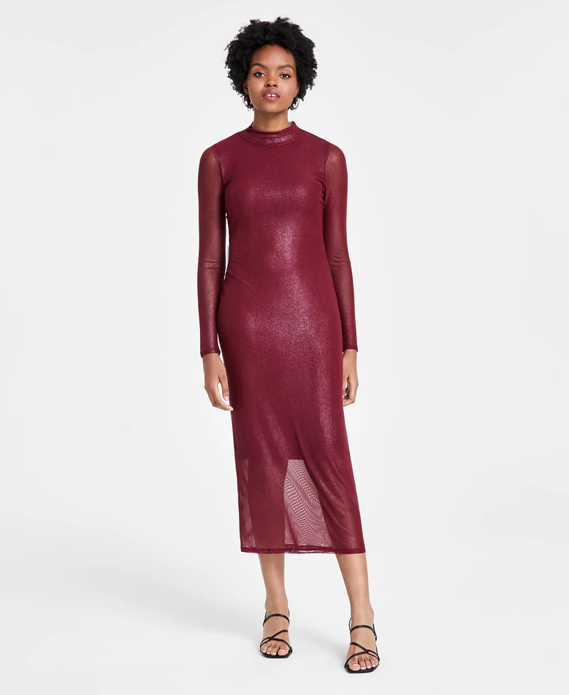 Bar Iii Women's Foil Mesh Mock Neck Bodycon Midi Dress, Created for Macy's