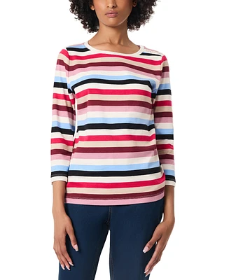 Jones New York Petite Striped Button-Shoulder 3/4-Sleeve Top