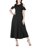 24seven Comfort Apparel Ruffle Cold Shoulder A Line Maxi Dress