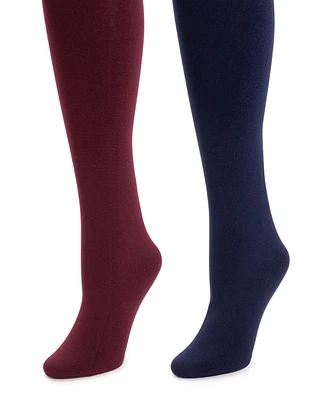 Muk Luks Women's 2 Pair Pack Fleece Lined Tights, Navy/Burgundy, S/M