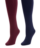 Muk Luks Women's 2 Pair Pack Fleece Lined Tights, Navy/Burgundy, S/M