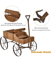 Sugift Wooden Wagon Plant Bed with Metal Wheels for Garden Yard Patio