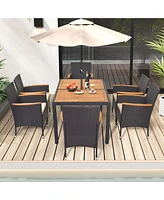 Costway 7 Pcs Outdoor Dining Set for 6 with Umbrella Hole Acacia Wood Tabletop Poolside