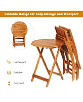 Gymax 3PCS Folding Acacia Wood Bistro Set Patio Conversation Set w/ Red Cushions