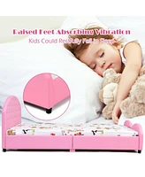 Costway Kids Children Pu Upholstered Platform Wooden Princess Bed Bedroom Furniture