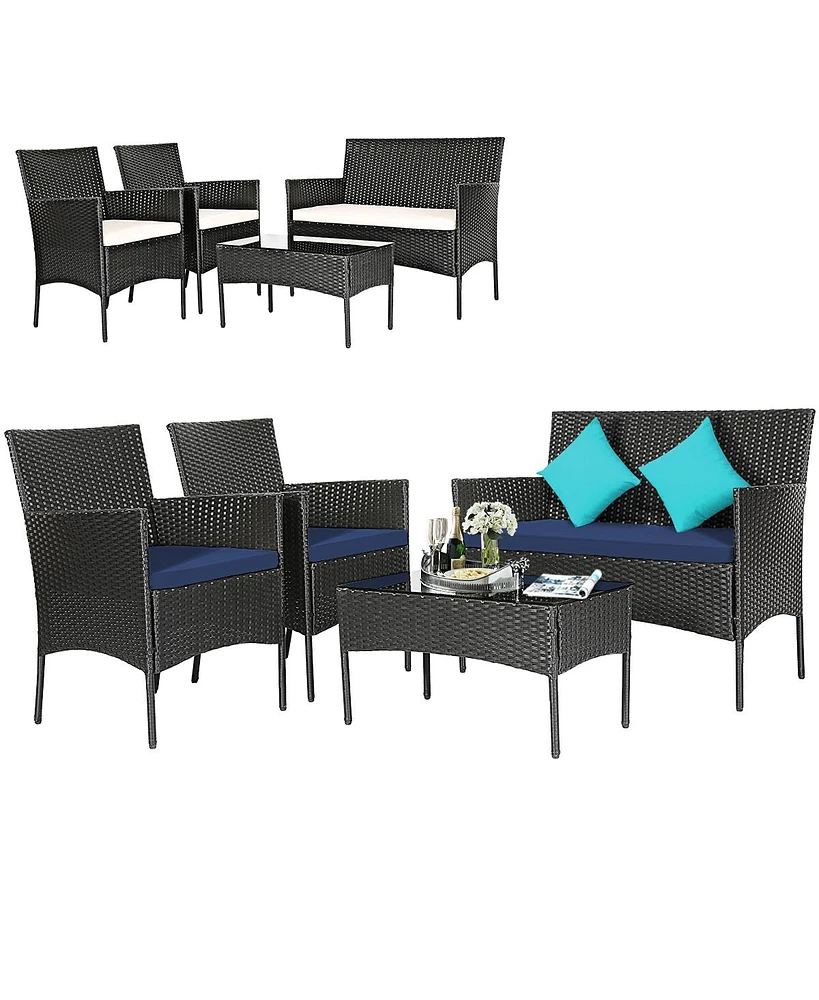 Sugift 4 Pieces Patio Rattan Cushioned Sofa Set with Tempered Glass Coffee Table-Navy & Off White