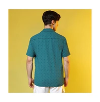 Men's Teal Green Self-Design Pom-Pom Shirt