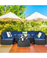Sugift 7 Pieces Sectional Wicker Furniture Sofa Set with Tempered Glass Top-Navy