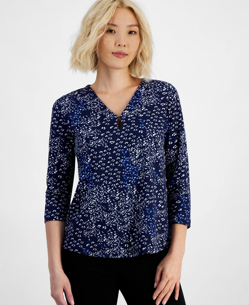 Jones New York Petite Printed Embellished 3/4-Sleeve Top