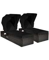 Gymax Set of 2 Rattan Patio Chaise Lounge Chair W/ Adjustable Canopy Black Cushion