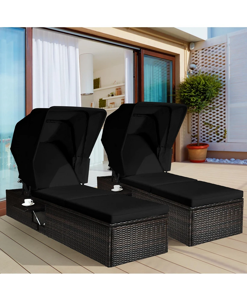 Gymax Set of 2 Rattan Patio Chaise Lounge Chair W/ Adjustable Canopy Black Cushion