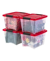 Iris Usa 4Pack 19qt Christmas Plastic Storage Bin with Lid and Secure Latching Buckles, Clear/Red