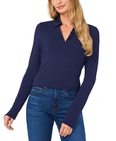 CeCe Women's Woven-Collar Knit Long-Sleeve Top