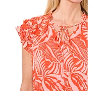 CeCe Women's Tropical-Print Ruffled Tie-Neck Raglan-Sleeve Blouse