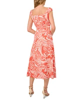 CeCe Women's Tropical-Print Ruched-Strap Side-Slit Square-Neck Linen Midi Dress