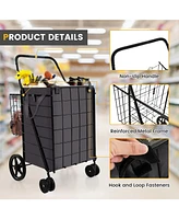 Slickblue Folding Rolling Shopping Cart with Waterproof Liner and Basket-Black