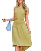 Cupshe Women's Green Cropped Tank & Smocked Waist Midi Skirt Set