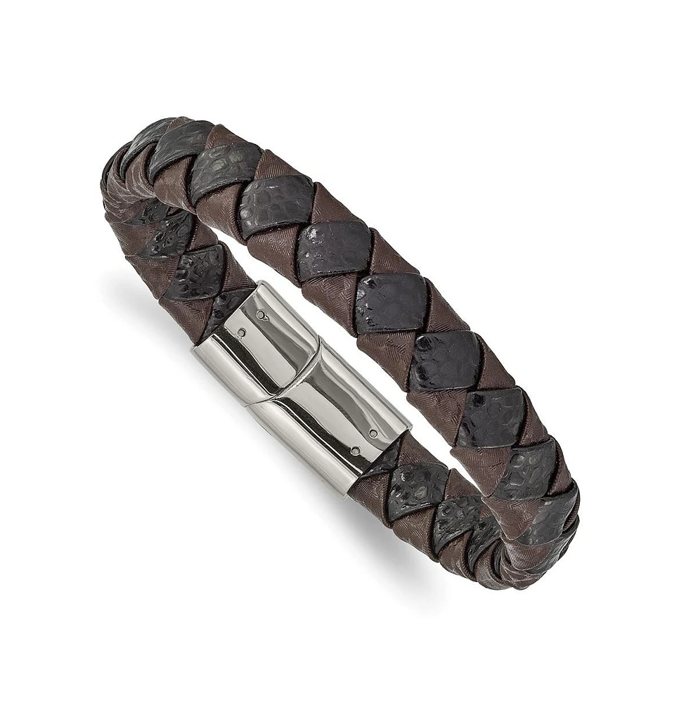 Chisel Stainless Steel Black and Brown Textured Leather Bracelet