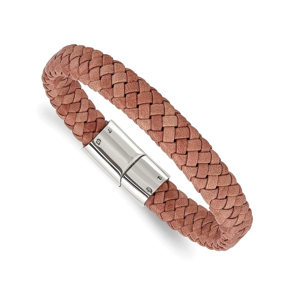 Chisel Stainless Steel Polished Light Brown Braided Leather Bracelet