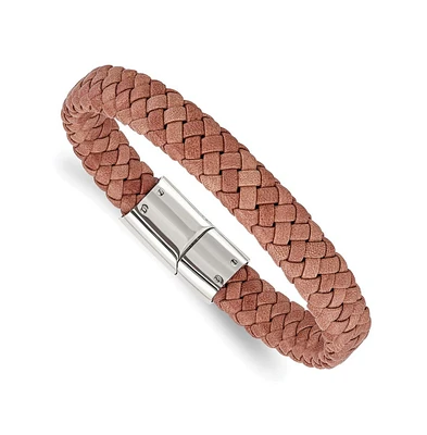 Chisel Stainless Steel Polished Light Brown Braided Leather Bracelet