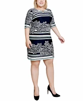 Ny Collection Plus Size Elbow Sleeve Border Print Dress