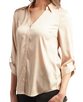 Bcx Juniors' Satin Roll-Tab-Sleeve Button-Down Blouse