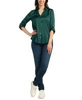 Bcx Juniors' Satin Roll-Tab-Sleeve Button-Down Blouse