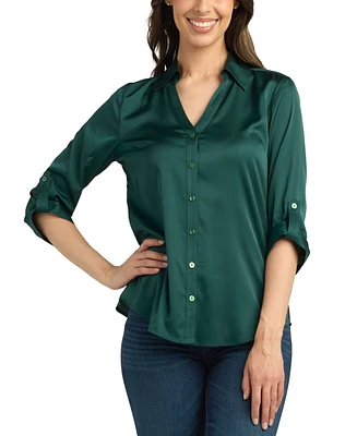 Bcx Juniors' Satin Roll-Tab-Sleeve Button-Down Blouse