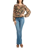 Bcx Juniors' Floral-Print Split-Neck Blouson-Sleeve Top