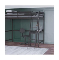 Emma+Oliver Ridley Twin Wood Loft Bed Frame With Protective Guardrails And Integrated Desk Ladder For Use Any 6-8" Thick Mattress