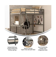 Emma+Oliver Ridley Twin Wood Loft Bed Frame With Protective Guardrails And Integrated Desk Ladder For Use Any 6-8" Thick Mattress