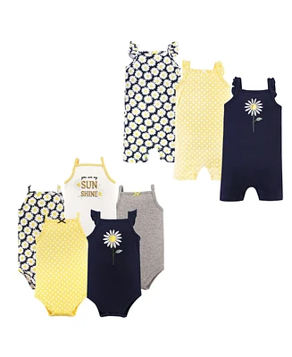 Hudson Baby Girls Cotton Bodysuits and Rompers, 8-Piece, Yellow Lemon, 12-18 Months
