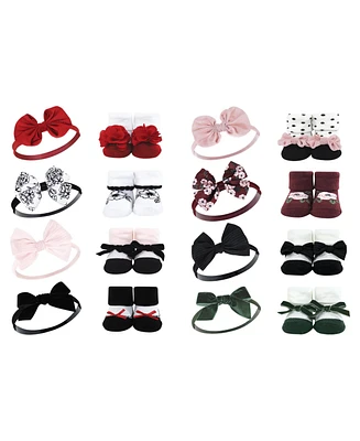 Hudson Baby Infant Girl 16Pc Headband and Socks Set, Black Toile Burgundy Floral, One Size